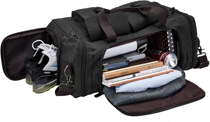 Waxed Canvas Duffel Bag with Shoe Compartment | Waxed Canvas Travel Bag for Men, Genuine Leather Trim, Shoe Compartment, Front Pockets, Weekend, Overnight and Carry-On Use - Image 2