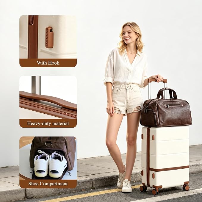 4 Piece Luggage Set, 20/24 inchi Large Checked Hard Shell Suitcase with Spinner Wheels, Vintage PU Leather Weekender Duffel Bag TSA Travel Luggage Set for Family Long Trips (White) - Image 2