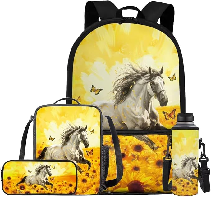 White Horse Backpack for Middle School Girls with Lunchbox Pencil Case, Lightweight School Book Bag for Kids Elementary Preschool Aesthetic Back to School Bookbag for Students by Bivxisrvo