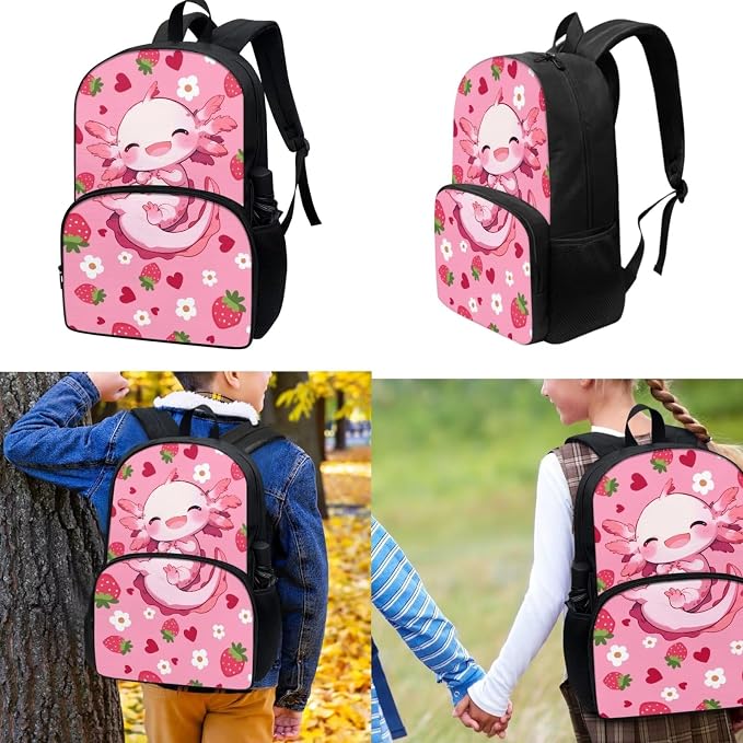 Cute School Backpack for Girls, Kids Strawberry Axolotl Backpack School Bookbags with Insulated Lunch Box Pencil Case 3 in 1, Lightweight School Bag - Image 2