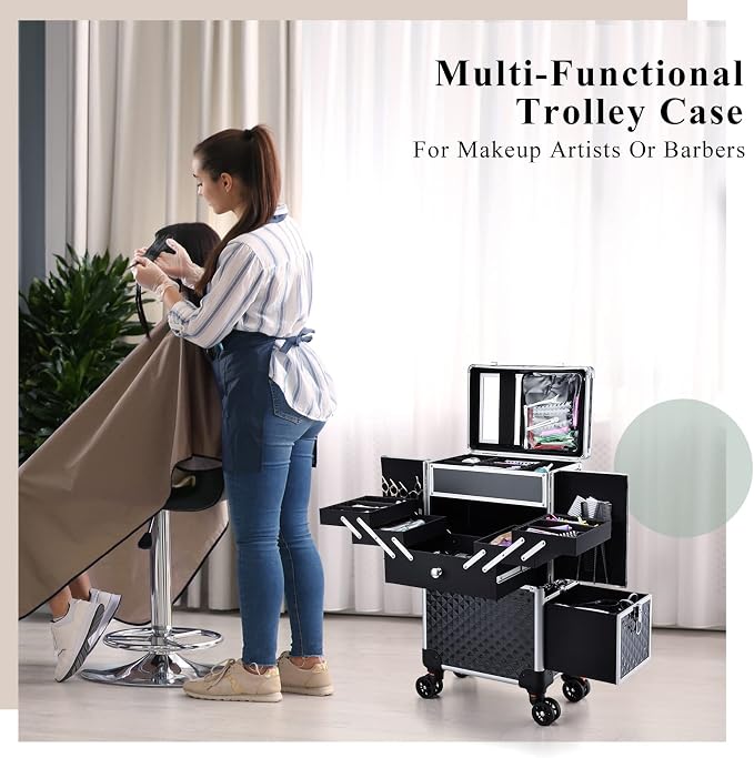 Professional Makeup Train Case Extendable Cosmetology Case on wheels | Rolling makeup station with a drawer and trays, ideal for makeup artists or dance competitions. Super organized. - Image 2