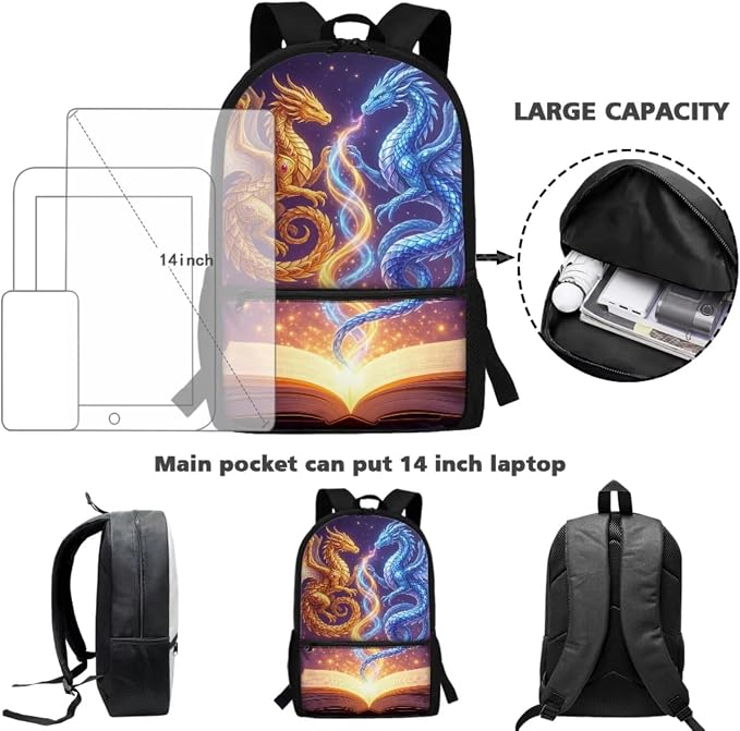 4Pcs Dragon Book School Backpack and Lunch Box for Boys, 17 Inch Large Bookbag with Pencil Case Water Bottle Holder Kindergarten Elementary Back to School Bag with Adjustable Padded Strap - Image 4