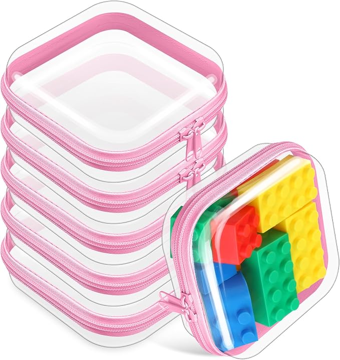 Sanwuta 6 Pcs Clear Hard Zipper Case Plastic Zipper Pouches Transparent Makeup Bag Pencil Case Pouches Toiletry Diaper Bag for Travel Toy Storage Organizer Bins(Pink,5 x 5 x 2 Inch) by Sanwuta