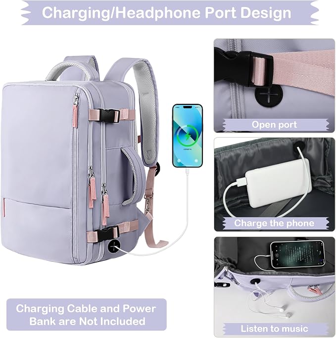 Hanples Travel Backpack for Women, 17 Inch Waterproof Laptop Backpack | 35L Carry on Backpack, TSA Flight Approved Anti Theft Travel Bag, Casual Daypack with 2 Toiletry Bags for Trips, Gray Purple - Image 7