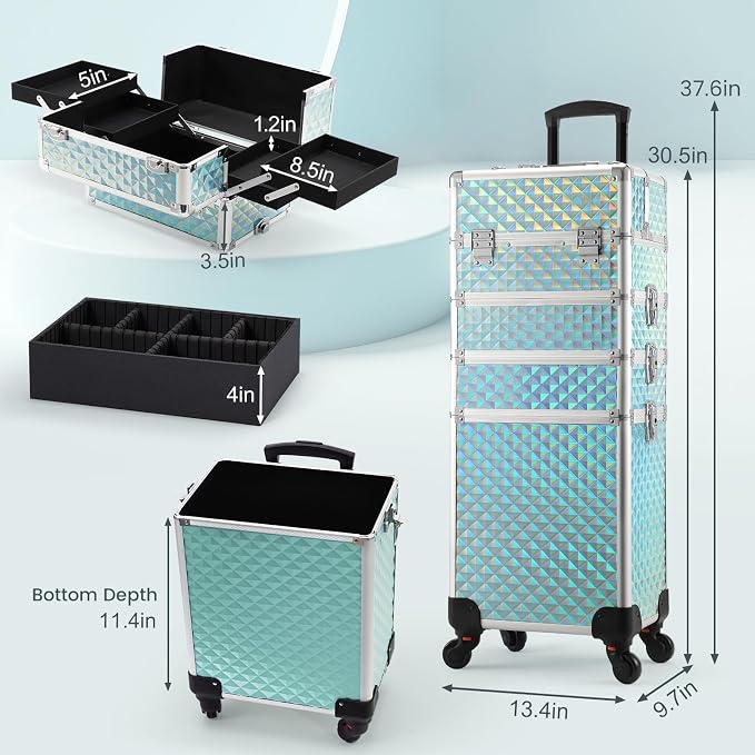 Faquenc Rolling Makeup Case with Wheels 4 in 1 Cosmetic Trolley and Cosmetology Cart Trunk for Makeup Artists Hairstylists Nail Techs Salons Large Capacity Turquoise - Image 7