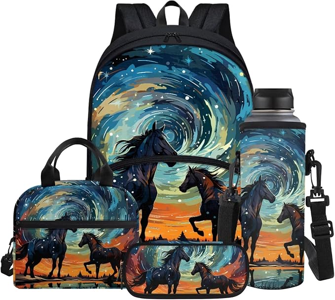 Starry Sky Horse Print School Bag Backpack for Boys Girls Bookbag with Lunch Box & Pencil Case & Water Bottle Sleeve 4 in 1 Casual Outdoor Daypack by Glomenade