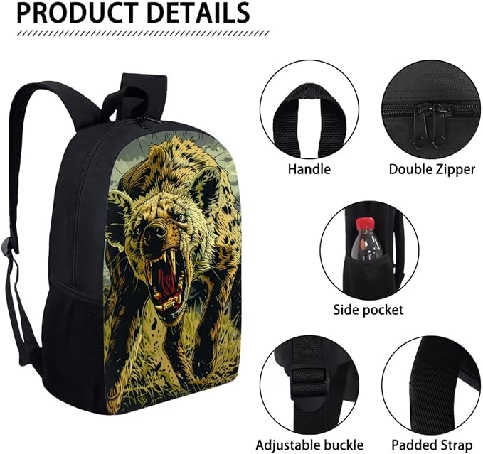 17 Inch Animal Print School Backpack And Lunch Box Set for Kids Lightweight Angry Hyena Backpack for Boys Girls Sturdy School Bag with Insulated Lunchbox Pencil Case Student Bookbag - Image 4