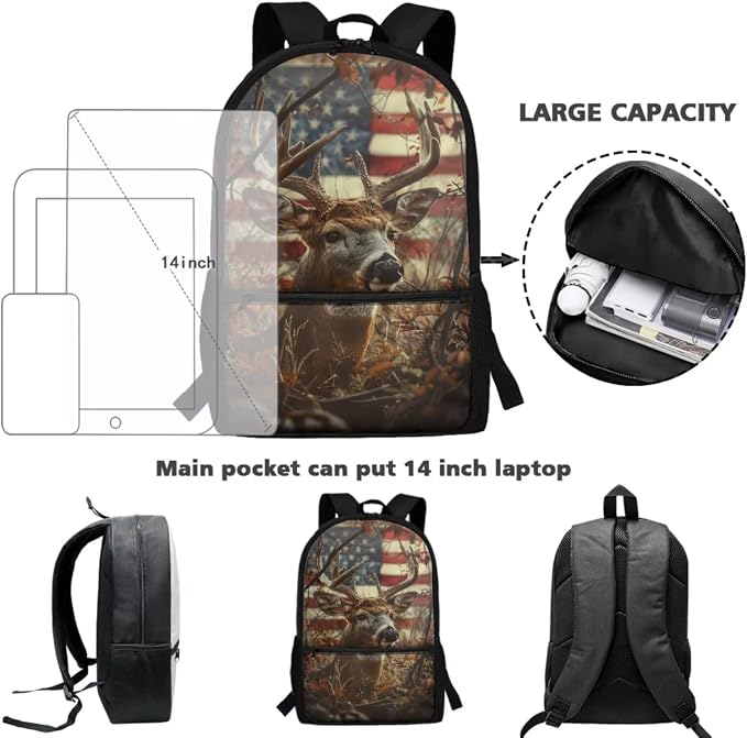 American Flag Deer School Backpack for Teens Girls with Lunch Box Hunting Elementary Student Bookbag for Kids 10-12/12-14/8-10 Lunch Bag Middle Schoolbag Lunchbox Pencil Case Book Bag Set - Image 4