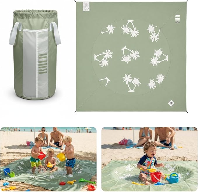 2-in-1 Kids, Baby & Infants Beach Pool & Waterproof Picnic Blanket - Large 6.5' Portable Paddling, Pool & Play Mat & Waterproof Carrying Bag, Outdoor Summer Gear, Toddle Child & Kid Bayside Green Sage by Khen