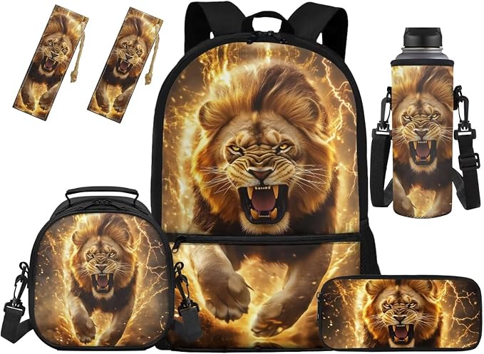 Lion Boys School Bag Yellow Backpack with Lunchbox Pencil Case and Bottle Holder Bookmark Set of 5 Printed Backpack Matching 5Pcs Bookbag Set for Girls by Unknown