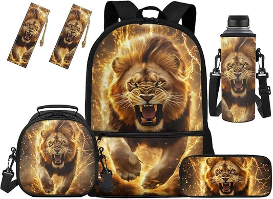 Lion Boys School Bag Yellow Backpack with Lunchbox Pencil Case and Bottle Holder Bookmark Set of 5 Printed Backpack Matching 5Pcs Bookbag Set for Girls by Unknown