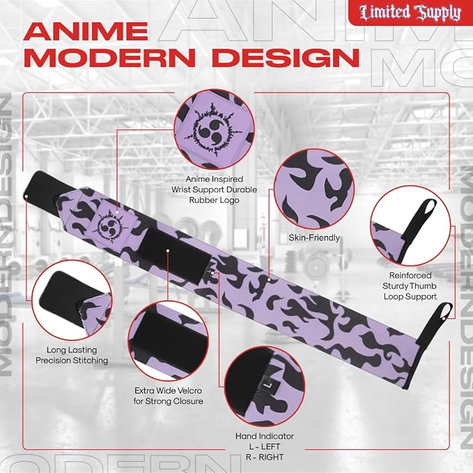 2pcs Anime Gym Bag for Women Men and Wrist Wrap Set - Foldable 55L Large Workout Duffle Bag with Shoe Compartment, 24" Lifting Straps Weightlifting, Powerlifting, and Improve Workout (Purplecm) - Image 3