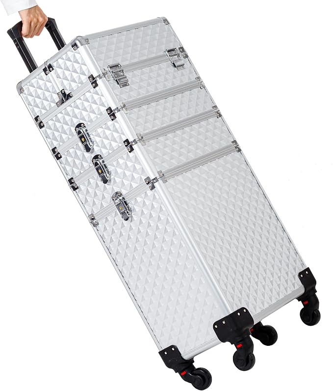 AROUS Rolling Makeup Train Case 4 in 1 Cosmetology Case on Wheels Large Storage Cosmetic Trolley with Key Salon Barber Case Traveling Cart Trunk, Silver - Image 8
