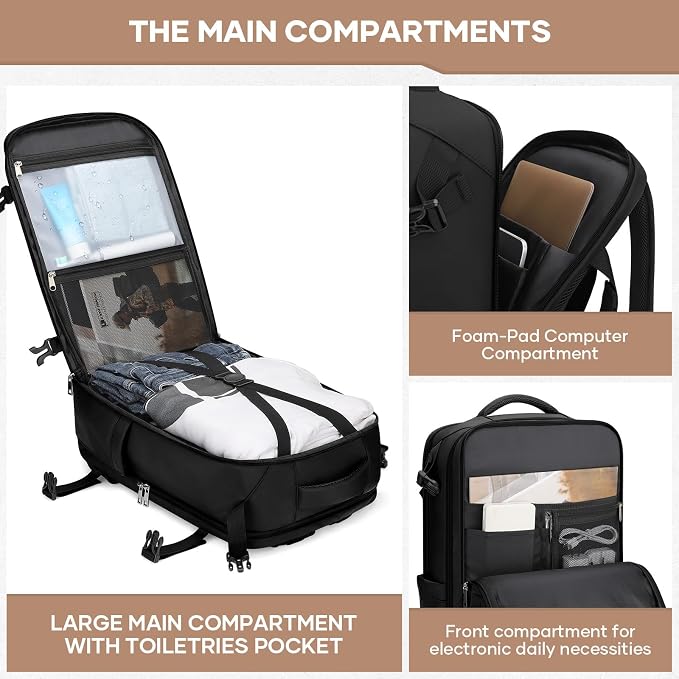 Maelstrom Travel Backpack for Men Women, 35L Carry on Backpack for Traveling on Airplane,with Belt Bag&Shoe Compartment,Waterproof Laptop Backpack fit 17”Laptop-Pure Black,Large - Image 4