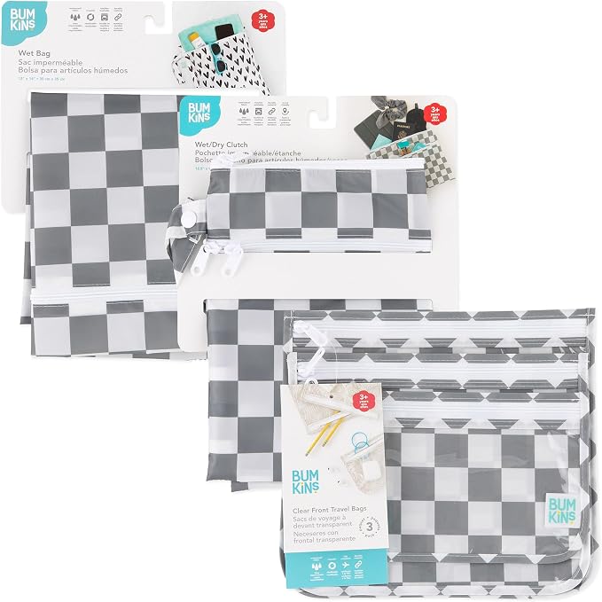 Bumkins - Waterproof Wet Bag, Wet/Dry Clutch & Clear Travel Bags - For Beach, Baby, Travel, Cloth Diapers, Pump Parts, Pool, Gym, Toiletries - Reusable & Easy to Clean - Gray Check - 5 Pack - Image 7