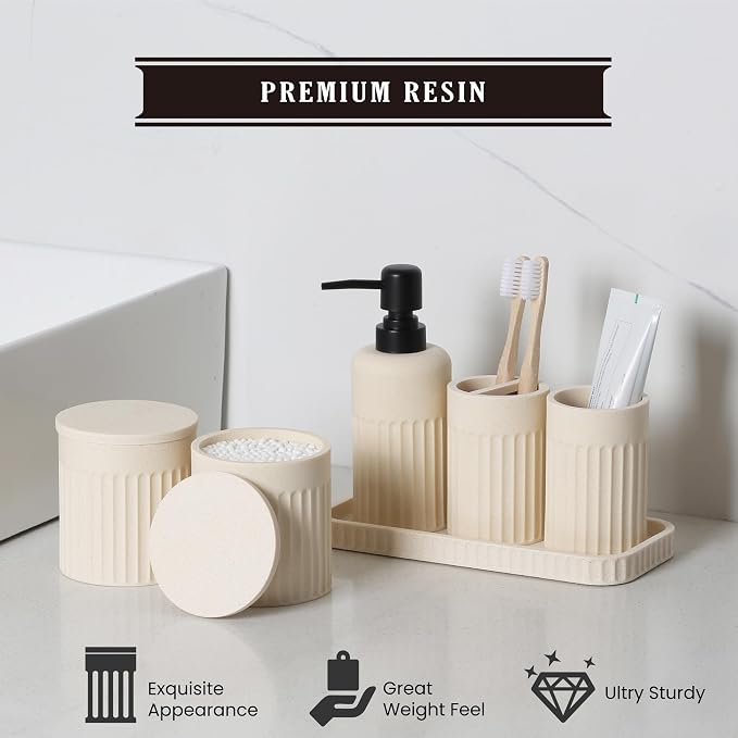 INIUNIK Bathroom Accessory Set - 6 Pieces Bathroom Accessories Set Complete with Soap Dispenser, Toothbrush Holders, Tumbler, Vanity Tray and 2 Qtip Holder for Home Organizer and Decor, Beige - Image 6