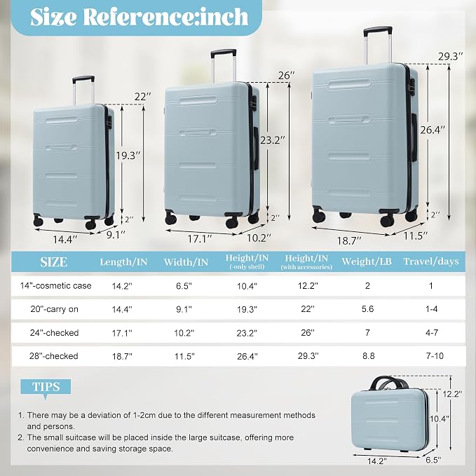 Light Blue 6 Piece Luggage Set Hard Shell - Checked Suitcases with Spinner Wheels and Duffel Bags for Family Travel, Durable Carry On Luggage Sets with Lock & Cosmetic Case for Women and Men - Image 2