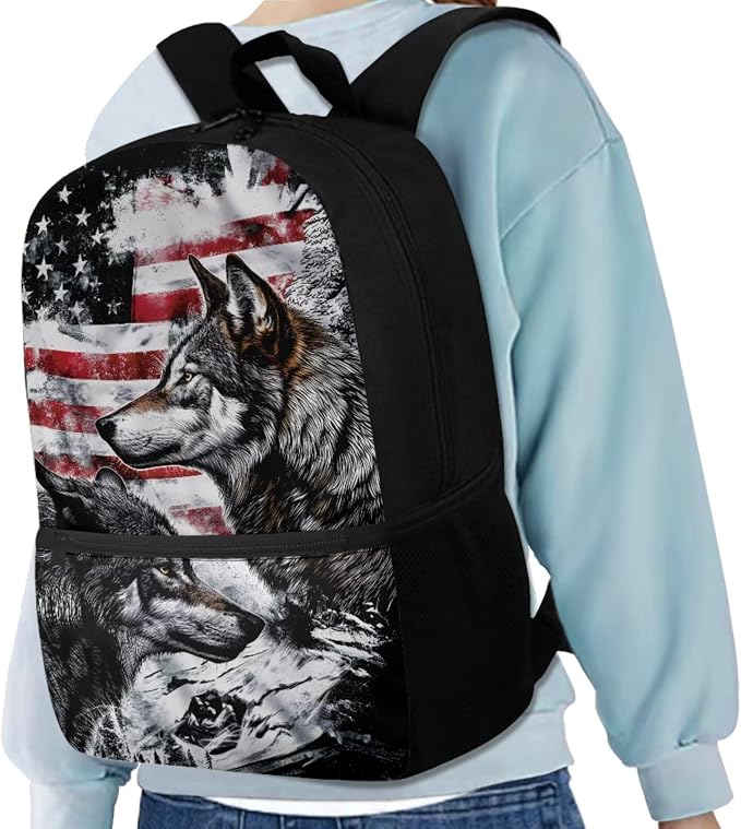 American Flag Wolf Backpack for Boys Kids Backpack with Lunch Box Water Bottle Bag and Soft Pencil Case 4PCS Set Bookbag with Front Pocket for School Teens 17 inch Large Capacity School Bag - Image 2