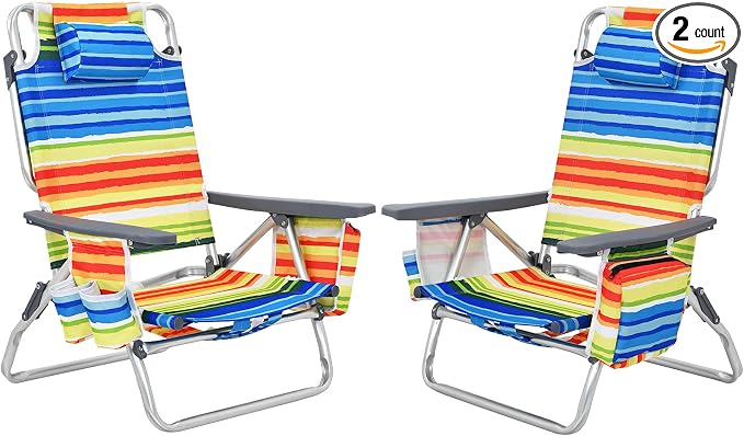Giantex Folding Beach Chair, Patio Sling Chairs with 5 Adjustable Position, Head Pillow, Storage Bag, Towel Bar, Cup Holders, Backpack Chairs for Sunbathing, Camping Chair by Giantex