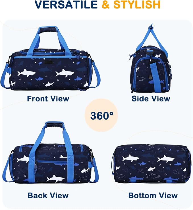 Kids Duffle Bag,VASCHY Travel Bag for Toddler Boys Overnight Sleeping Bag Duffel Ballet Dance Sport Carry On Weekender Bag with Shoes Compartment Dry Wet Pocket Sharks - Image 6