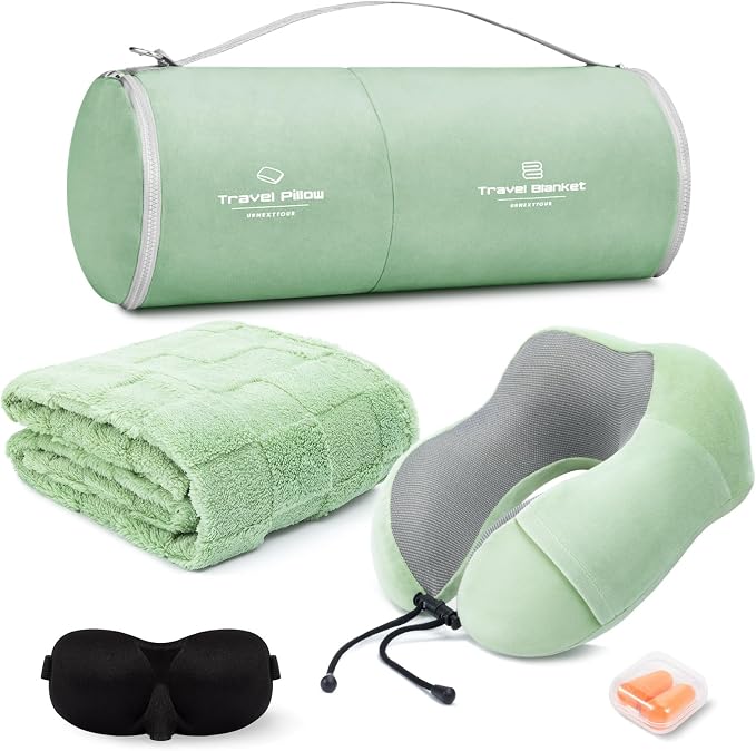 urnexttour Travel Pillow and Blanket Set Neck Pillows Soft Blankets with Sleep Mask Travel Essentials for Airplane Car Memory Foam Sage Green by Urnexttour
