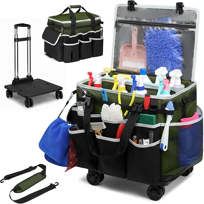 Large Rolling Cleaning Caddy Bag with Detachable Trolley, Full Support Plates for Professional Cleaning Supplies Bag, Organizer Bag with 4 Universal Wheels for Housekeepers, Car Wash (Green) by RUCYEN
