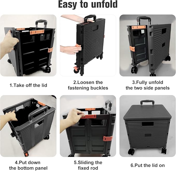 Foldable Utility Cart,Rolling Crate Heavy Duty Shopping Cart with 360° Silent Wheel with Brake System,55L Capacity,Transport Weight up to 177 Pounds,Travel Shopping Moving Luggage Office Use - Image 6