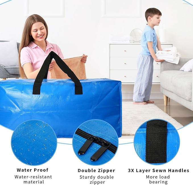 Heavy Duty Extra Large Blue Moving Bags with Strong Zipper Backpack Handles | 10 Pack Clothes Storage Bags Totes Space Saving Moving Boxes Bins Packing Bags for College Dorm Compatible with Ikea Frakta - Image 2