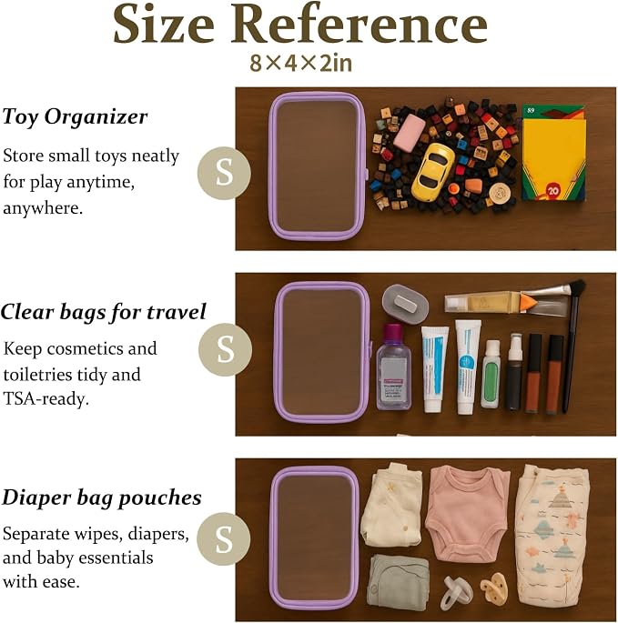 4 pcs Clear Zipper Pouches,Hard Shell Zipper Case, Toiletry Bag for Travel | CLear Diaper Bag, Toiletry Pouch, Travel Organizer, Cosmetic Bag,Toy Storage Bins (M+3S) (Lavender) - Image 5