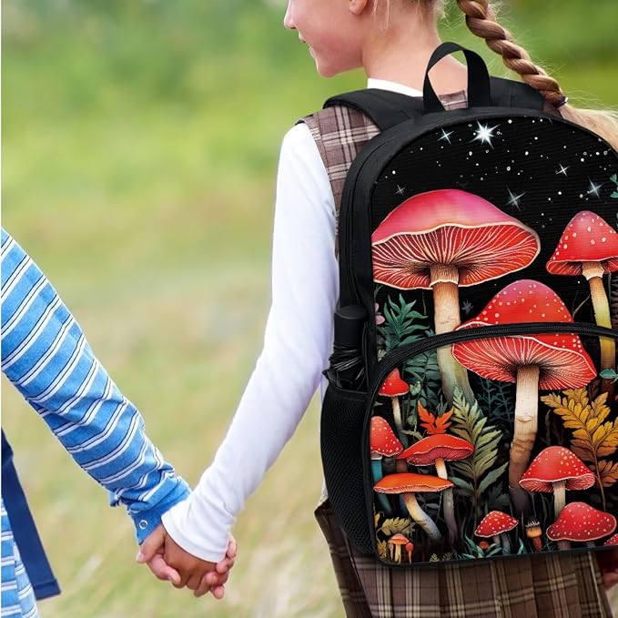 Cottagecore Mushroom Backpack 4 Pcs Cute Wild Flower Mushroom Schoolbag Set with Lunch Box Pencil Holder Case Water Bottle Carrier Bag Sling Bags for Boy Girl，Durable Causal Daypack - Image 3
