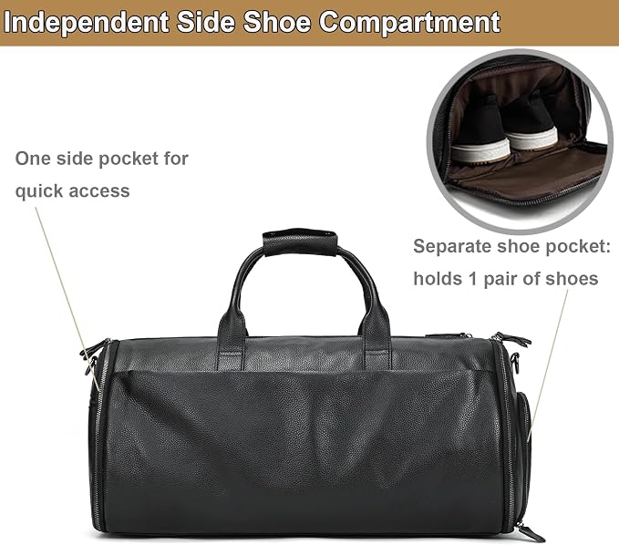 Genuine Leather Travel Duffel Bag for Men, Convertible Carry-On Luggage Hanging Garment Bag for Business & Gym, Large Capacity Weekender Bag with Multiple Pockets (Black) - Image 4