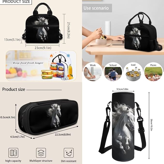 White Horse Backpack for Boys, Kids Travel Backpack Set for Girls Teens, 4 PCS School Backpacks Lightweight Middle School Bag Bookbag with Lunch Box and Pencil Case Water Bottle Bag, Black - Image 6