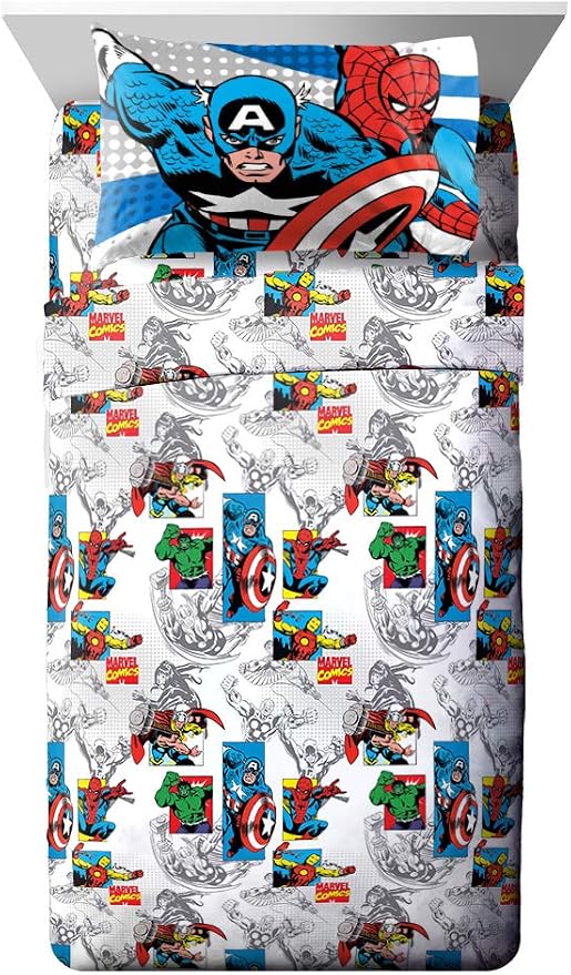 Jay Franco Kids Sheet Set with Fitted, Flat Sheets & Pillow Cover - Ultra-Soft Bedding with Pillowcase for Room Decor, White - Avengers, 4 Piece Full by JayFranco