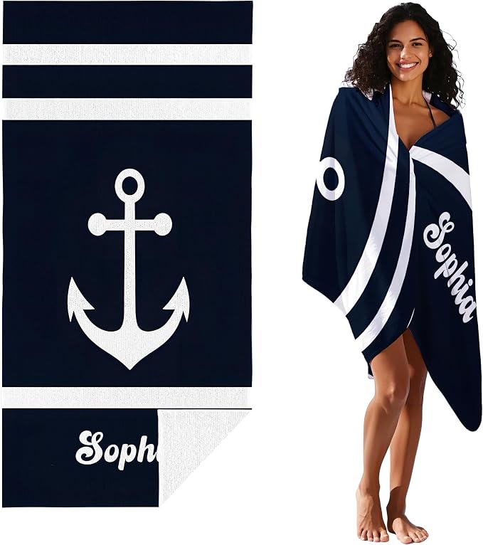 JML Personalized Beach Towel with Name, Custom Anchor Beach Towel, Customized Microfiber Pool Towel, Quick Dry & Absorbent Swim Towel for Adult,Anniversary, Birthday, Summer Holiday,Vacation - Image 2