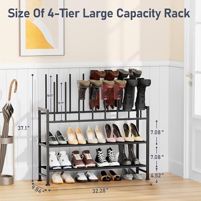 DIMJ Boot Rack 4-Tier - Black Metal Boot Storage Rack for Tall Boots Organizer Tall Boots, Multiuse Shoe Rack for Boots, Sneakers, High-Heel, Entryway, Fit for 8 Pairs, Black - Image 2