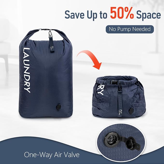 WiseBoy Compression Laundry Bag 2 Pack, Pump-Free Travel Laundry Bag for Dirty Clothes, Waterproof Wet Dry Bag, Space Saving Packing Organizer for Suitcase, Gym & Swim (Navy Blue & Orange) - Image 5