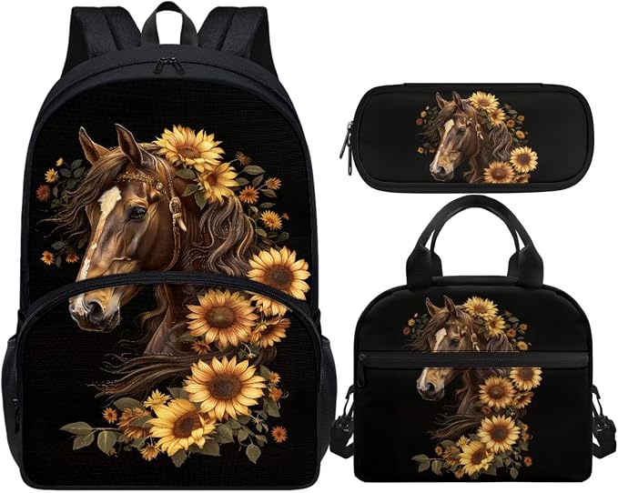 Sunflower Horse Backpack for School Girls 10-12 12-14 Middle School Bag Set with Lunch Box Pencil Case 3 Pcs Elementary High Bookbag Back Pack Purse 17 inch, Horse Pattern by Vanideaoty