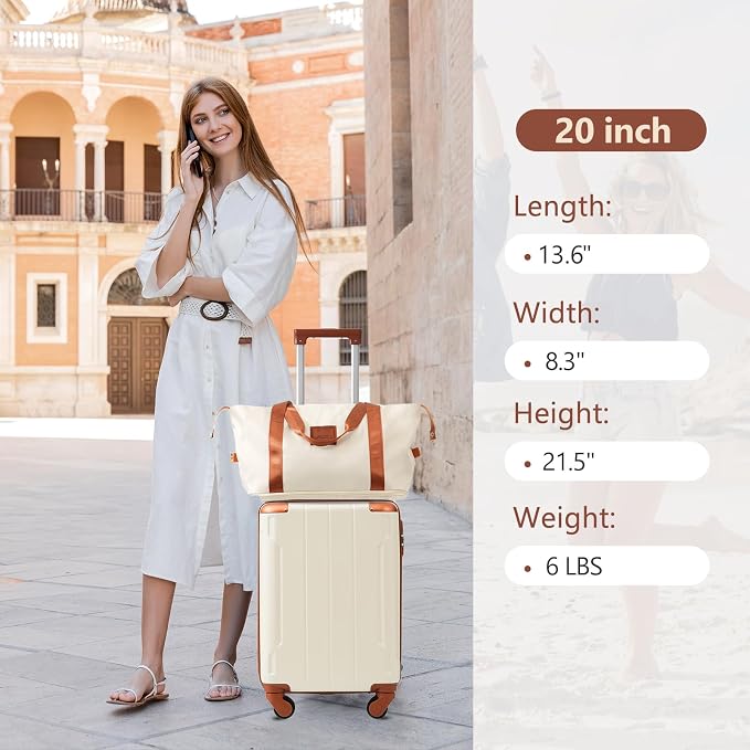 20 Inch Carry On Luggage 3 Piece Set, ABS Hard-side Lightweight Suitcase with a Travel Duffel & a Toiletry, Durable Spinner Wheels Luggage for Business Trip & Weekend Getaway, White Brown - Image 6