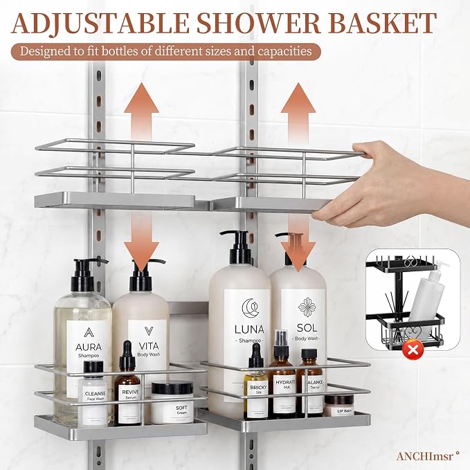3-Tier Adjustable Hanging Shower Caddy for Handheld Showerhead, Silver | Rustproof Shower Rack Baskets, Anti-Swing Hanging Shower Organizer for Bathroom Storage with 2 S-Hooks, Large Capacity - Image 4