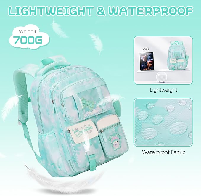 Jafeton Backpacks for Girls, Girls Backpack with Insulated Lunch Box and Pencil Case for Kids Teens Elementary Middle High School Student, Cute Bow School Bag Travel Daypacks Book Bag Set (Green) - Image 4