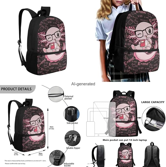 Cute Axolotl Backpack for Girls Kids Backpack with Lunch Box Water Bottle Carrier with Strap and Big Pencil Case 4 PCS Set Bookbag with Front Pocket for School 17" Sturdy Elementary School Bag - Image 3