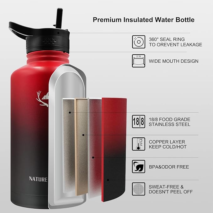 NATURE PIONEOR 64 oz Insulated Water Bottle with Carrier Bag & 3 Lids | 18/8 Food-grade Stainless Steel, Double Vacuum Insulation, 3 Leak-proof Lids, Strap, Camping, Hiking, Gym, Work - Image 2