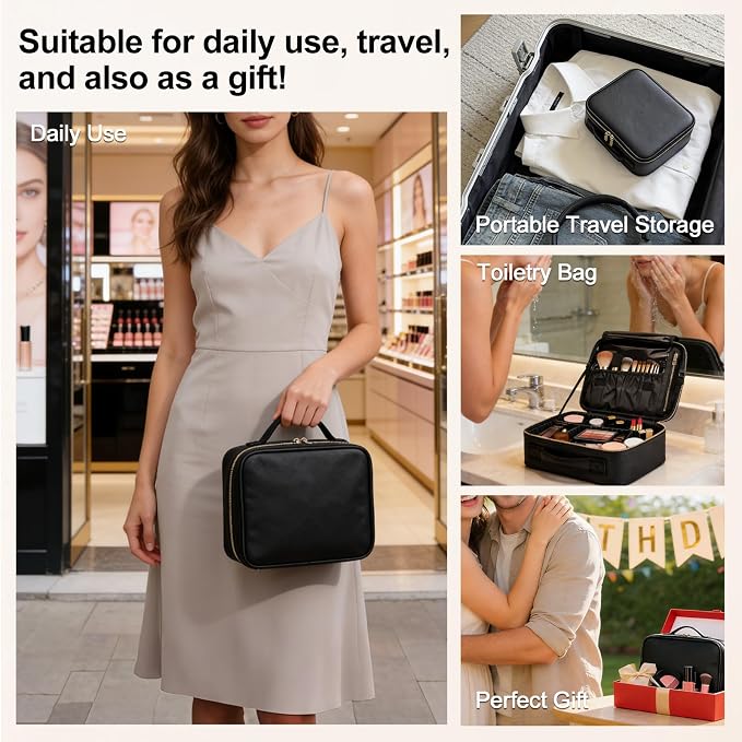 Travel Makeup Bag with Brush Holder, Professional Cosmetic Train Case Organizer for Women, Portable Travel Makeup Brush Carry Case Cosmetic Artist Storage Box with Adjustable Dividers, Leather Black - Image 6