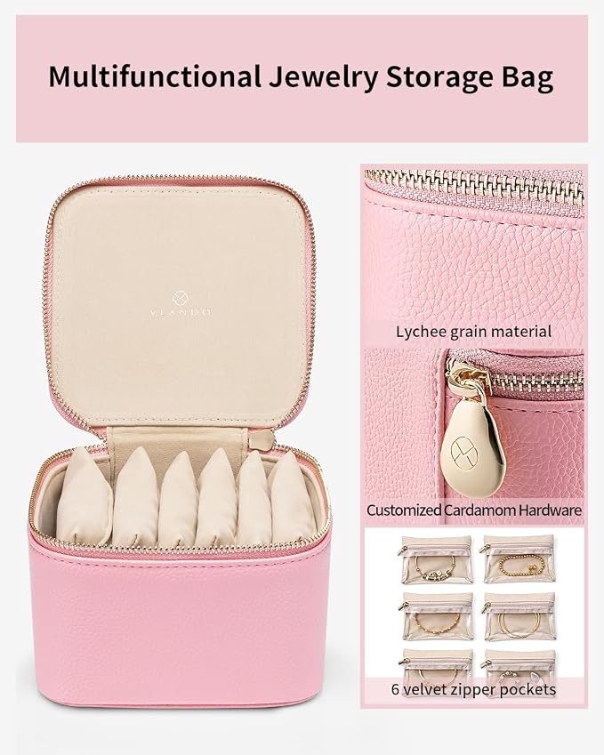 VLANDO Travel Jewelry Box for Women,Faux Leather Jewelry Case with 6 Velvet Jewelry Zipper Pockets,Gift Ideas for Women Wife Earrings Necklace Rings Storage Boxes(Strawberry Pink) - Image 5