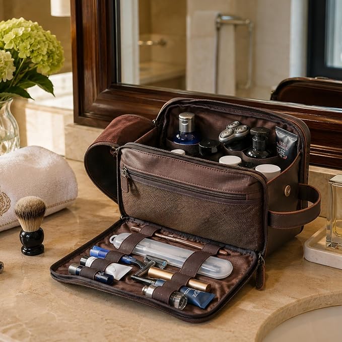 Polare Toiletry Bag Full Grain Leather Shaving Kit Dopp Kit Travel Case Wash Bag with YKK Zippers - Image 3
