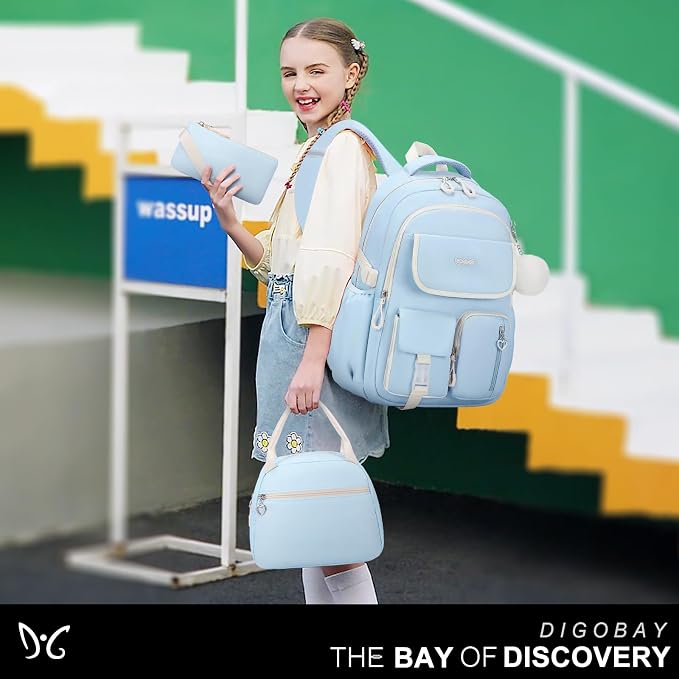DIGOBAY Backpacks for Girls, 3PCS School Backpack with Lunch Box Pencil Pouch for Teen Girls Kids Elementary Primary Middle High College Travel School bag Bookbag Set （Blue） - Image 6