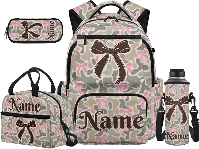 Camo Bow Custom 17 Inch Kids School Bag Set 4Pcs with Lunch Bag | Pencil Case and Water Bottle Holder, Lightweight 600D Durable Fabric, Multi Pockets, for Elementary School Students by Unknown
