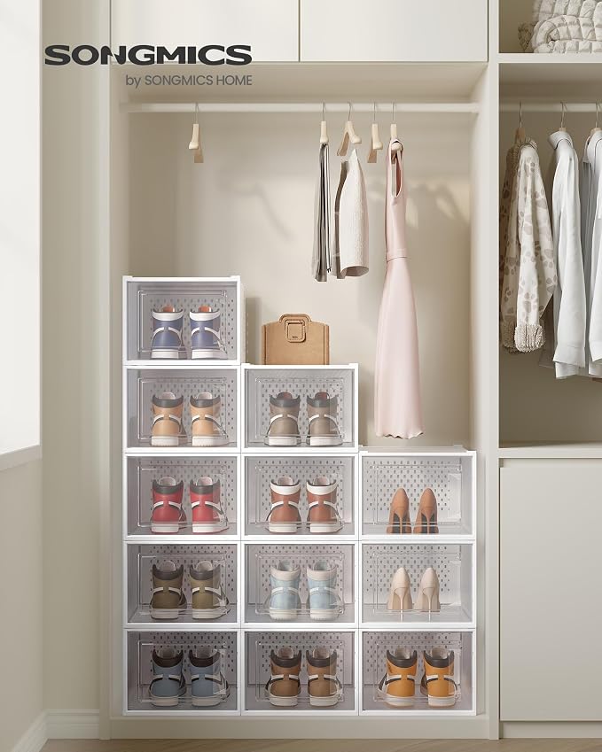 SONGMICS Shoe Boxes, Pack of 12 Shoe Storage Organizers, Stackable Clear Plastic Boxes for Closet, Sneakers, 13.1 x 9.9 x 7.4 Inches, Transparent and White ULSP12MWT - Image 2