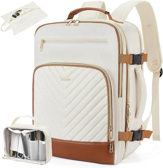 Telena Travel Backpack for Women, 17.3 inch Laptop TSA Carry On Personal Item Size Flight Approved Travel Bag Daypack with Multi-Pockets for Work, Travel, Business, Beige-Brown by Telena