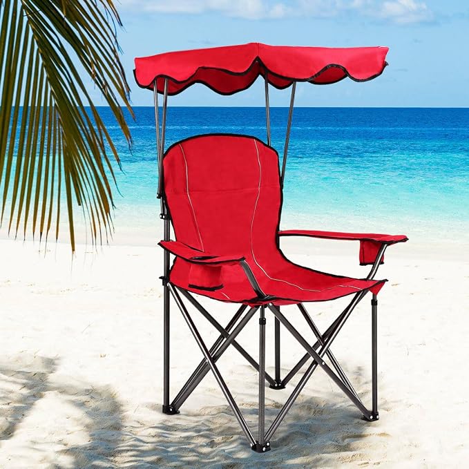 COSTWAY Portable Camping Chair with Canopy, Outdoor Lawn Chair with Shade, Carry Bag, Cup Holder, for Travel, Picnic, Beach (Red) - Image 2
